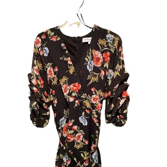 Emma & Michelle Hi-Low Dress Women's SZ 8 Black Floral Long Sleeve Surplice Neck - Picture 3 of 7